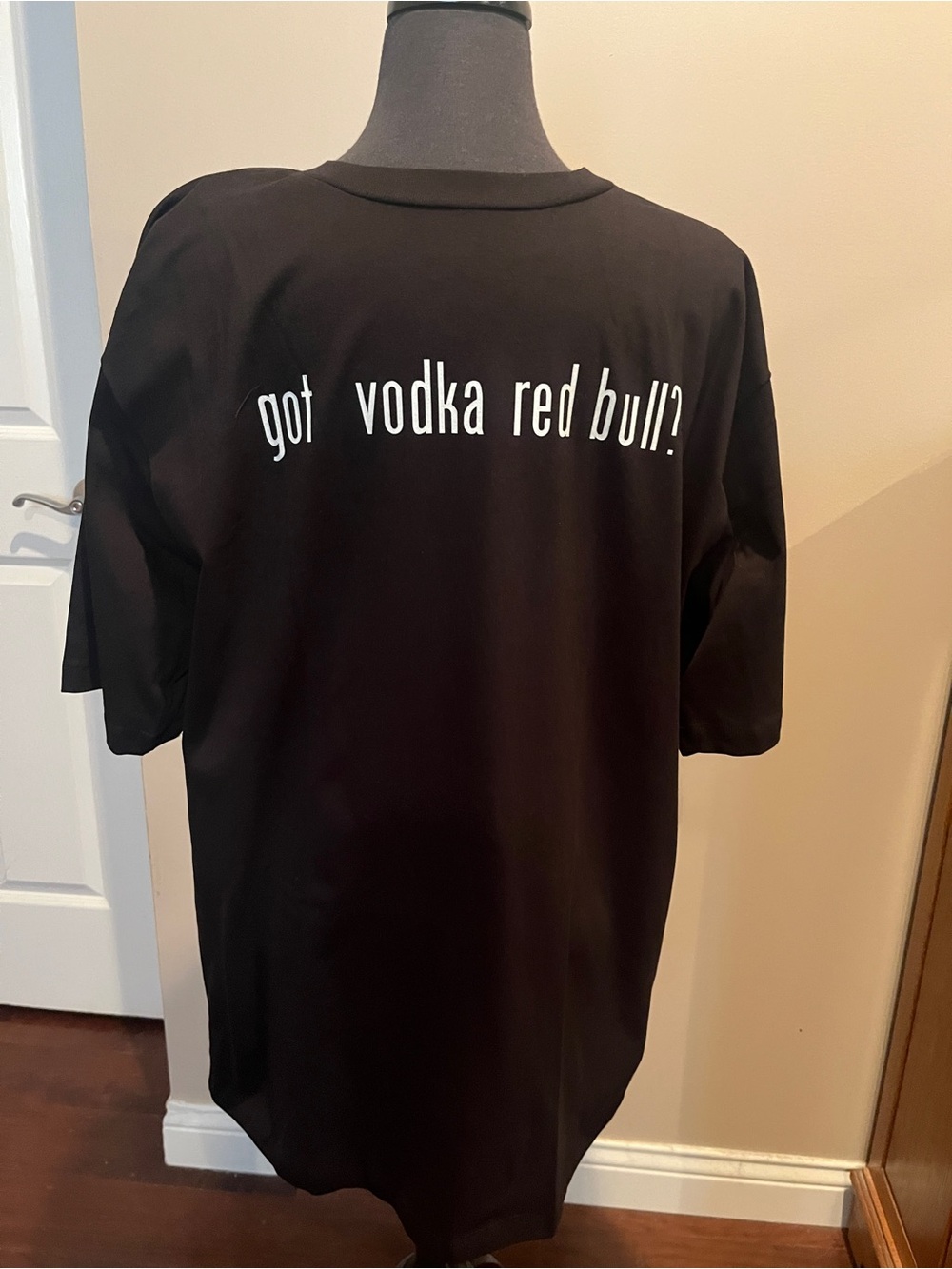 Black Short Sleeve Graphic Tee with 'got vodka red bull?' Print - NEW